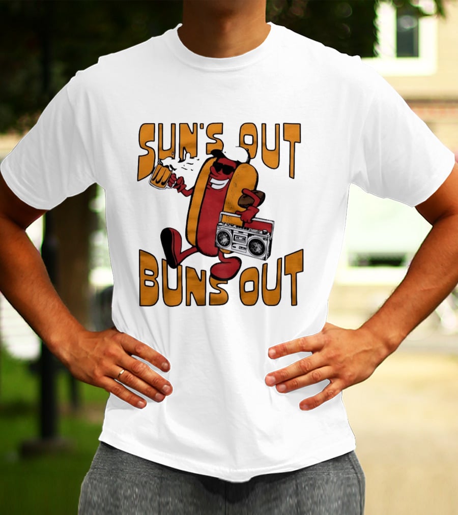Sun's Out Buns Out Hot Dog With Sunglasses Holding Beer And Boombox T-Shirt