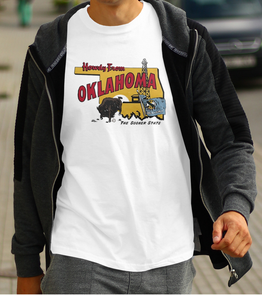 Howdy From Oklahoma The Sooner State Bison With Oil Derrick And Flag T-Shirt