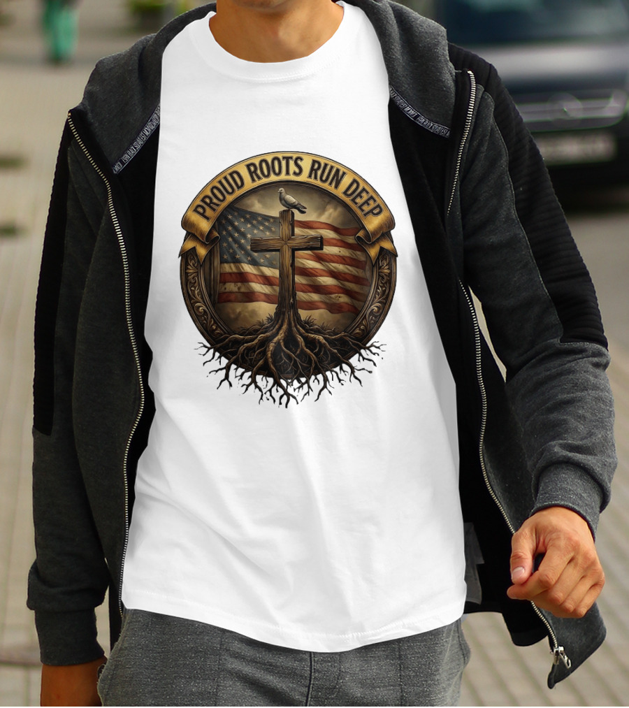 Proud Roots Run Deep Cross Dove American Flag Roots T-Shirt