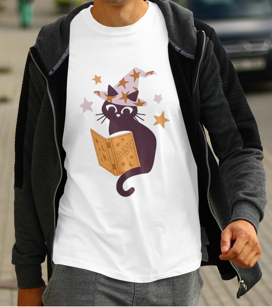 Magic Cat In Witch Hat Reading Spell Book With Stars T-Shirt