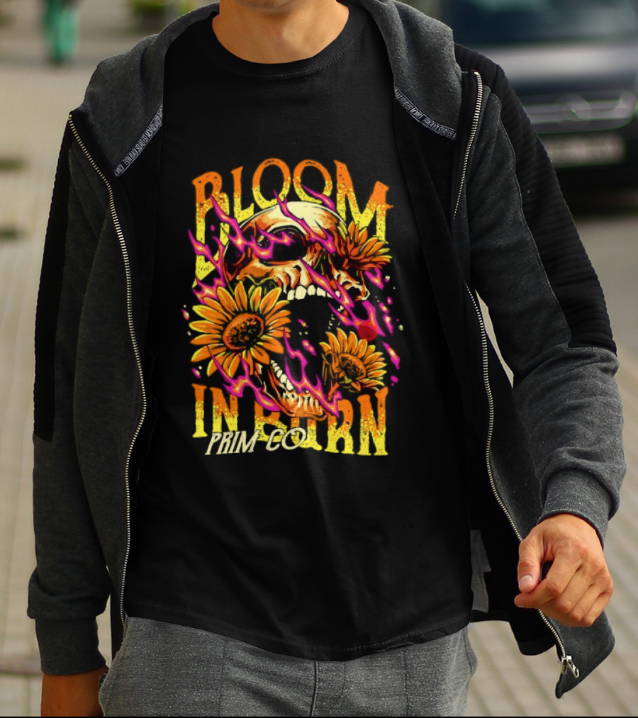 Bloom In Burn Prim Co Skull And Sunflowers T-Shirt
