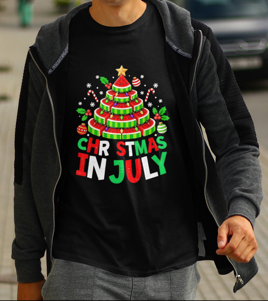 Christmas In July Watermelon Tree With String Lights And Candy Canes T-Shirt