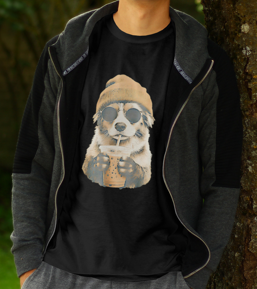 Cozy Dog In Beanie And Sunglasses Enjoying Iced Boba Tea T-Shirt
