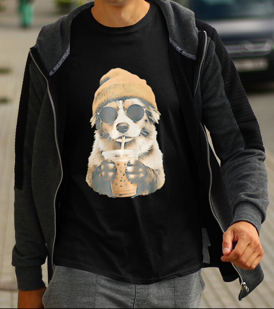 Cozy Dog In Beanie And Sunglasses Enjoying Iced Boba Tea T-Shirt