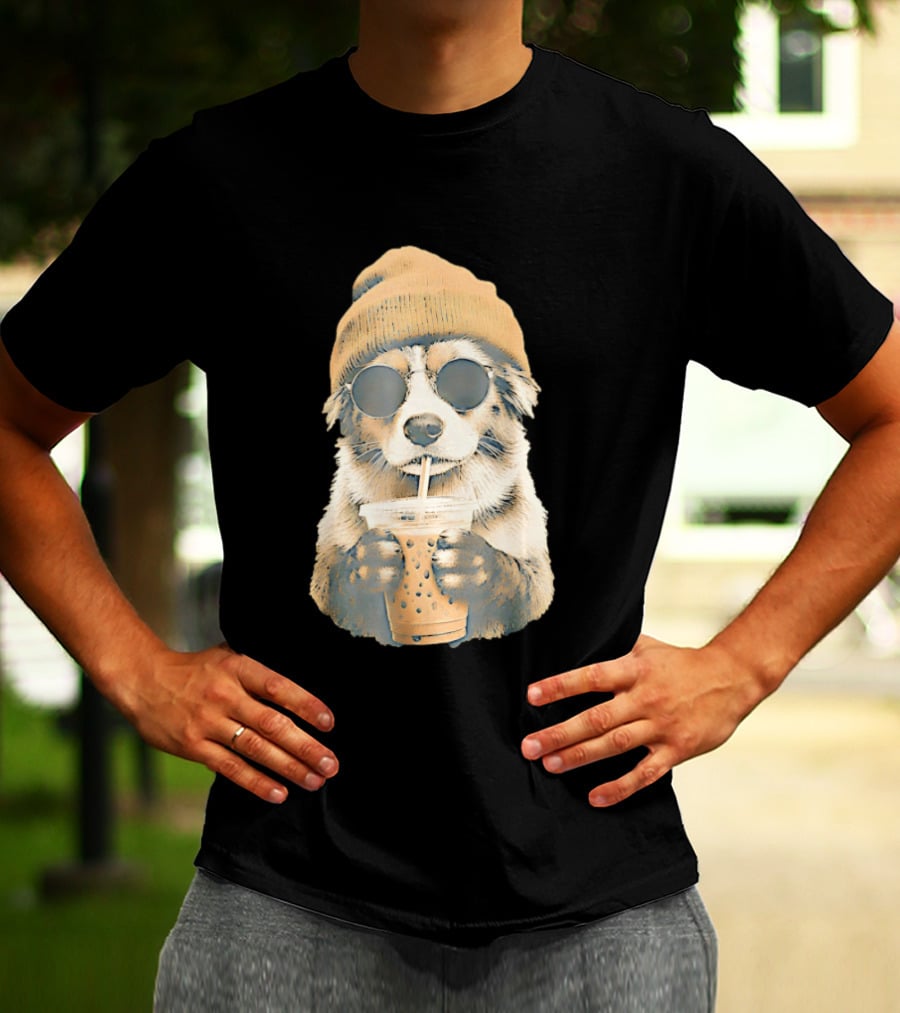 Cozy Dog In Beanie And Sunglasses Enjoying Iced Boba Tea T-Shirt