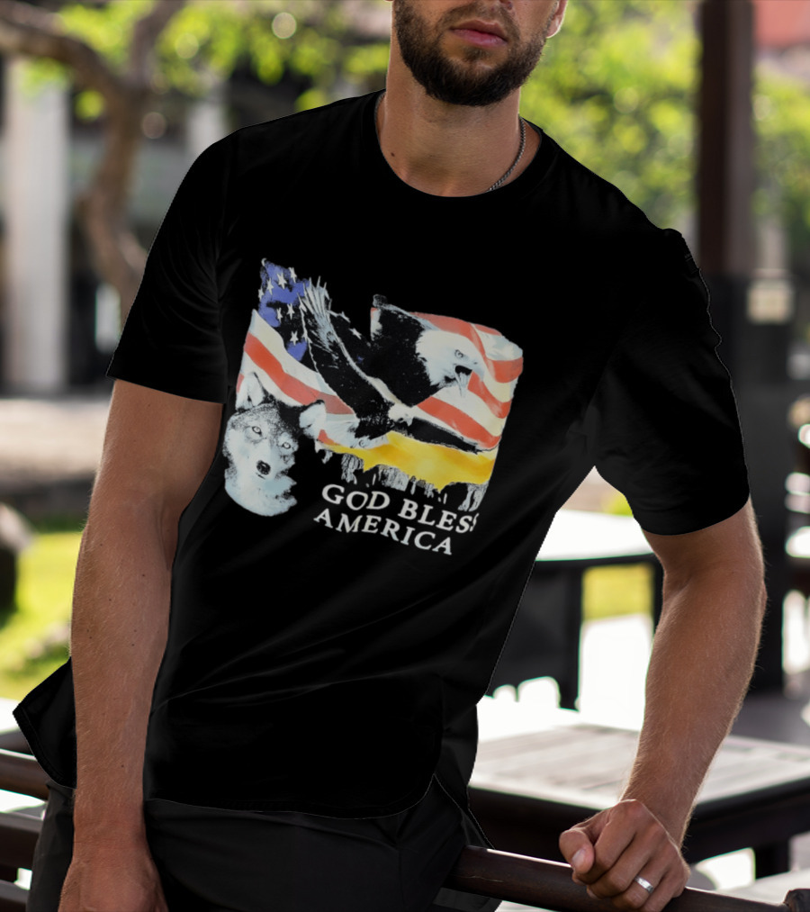 God Bless America Bald Eagle Wolf And American Flag Patriotic T-Shirt