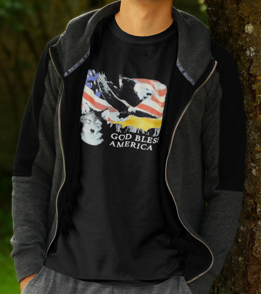 God Bless America Bald Eagle Wolf And American Flag Patriotic T-Shirt
