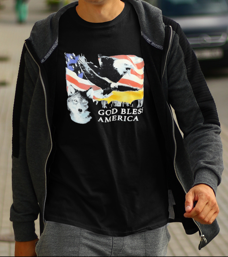 God Bless America Bald Eagle Wolf And American Flag Patriotic T-Shirt