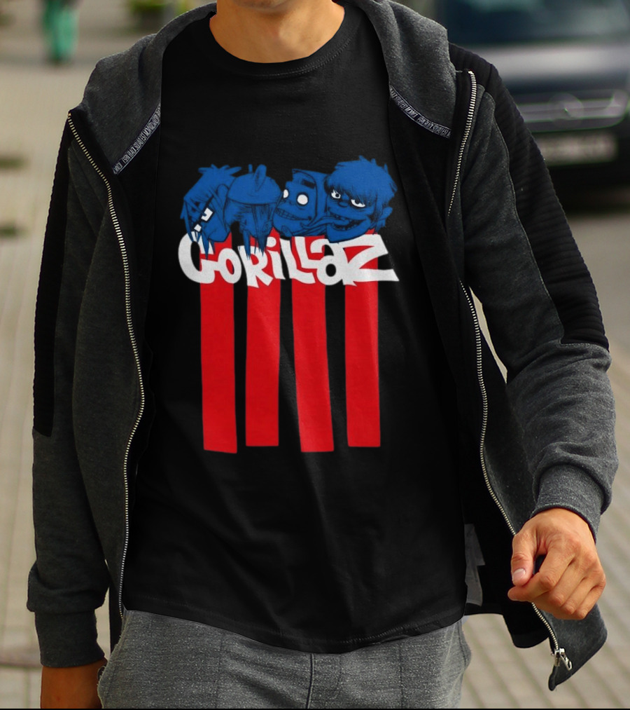 GORILLAZ Pez Heads Characters Red Stripes T-Shirt