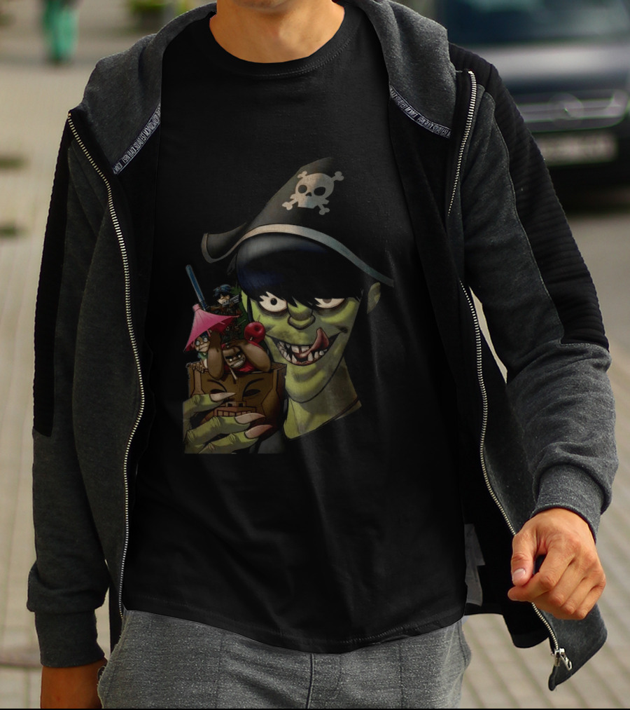 GORILLAZ Pirate Skull Hat And Tiki Cocktail T-Shirt