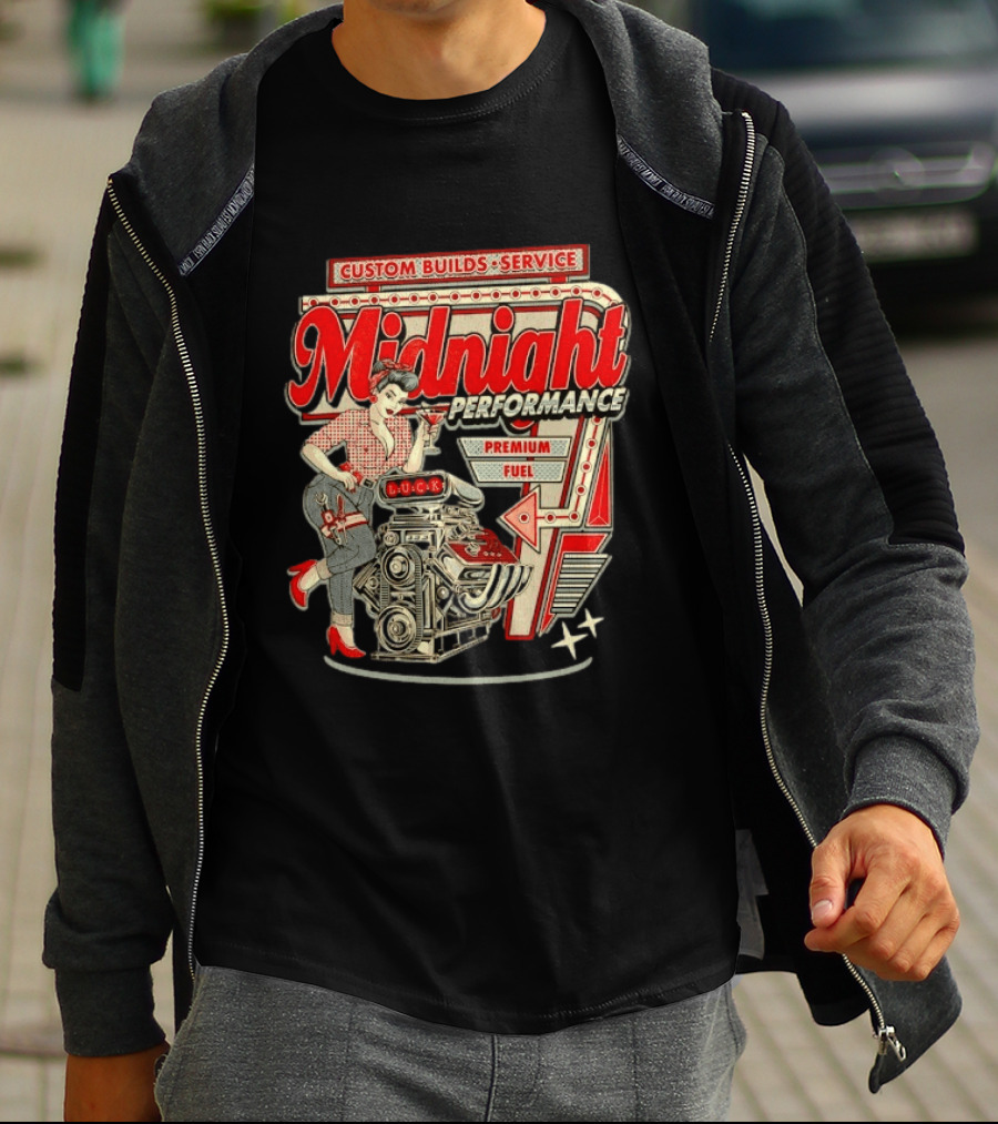 Midnight Performance Custom Builds Service Premium Fuel Retro Pin Up T-Shirt
