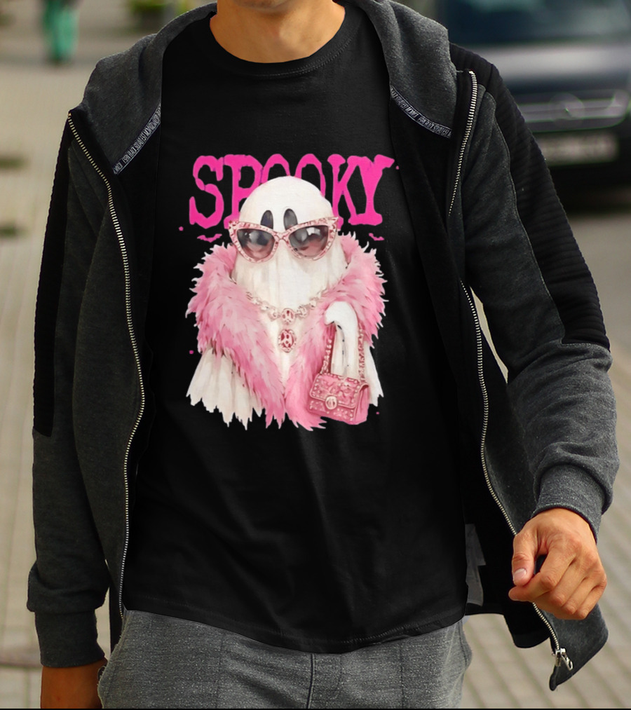 Spooky Glamorous Ghost With Pink Fur And Sunglasses T-Shirt