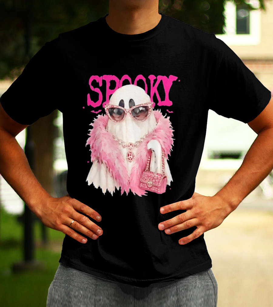 Spooky Glamorous Ghost With Pink Fur And Sunglasses T-Shirt