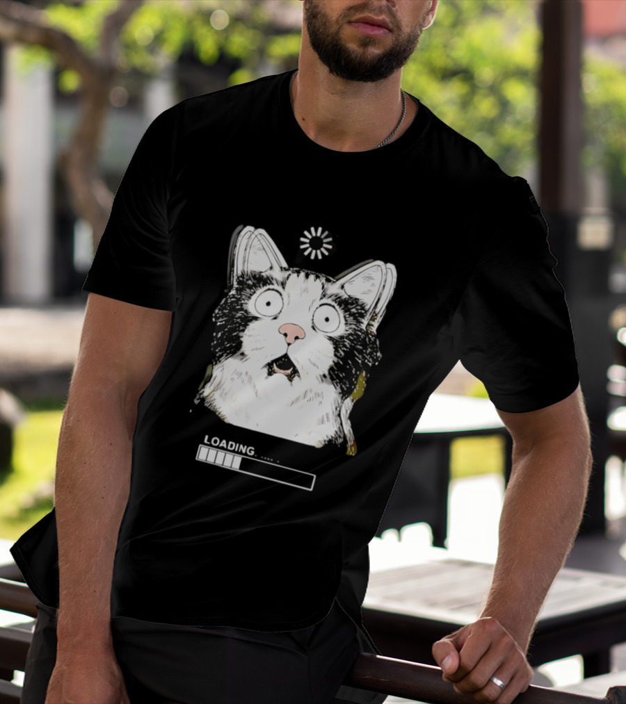 Startled Tuxedo Cat Staring Wide Eyed Beside Loading Progress Bar Meme T-Shirt