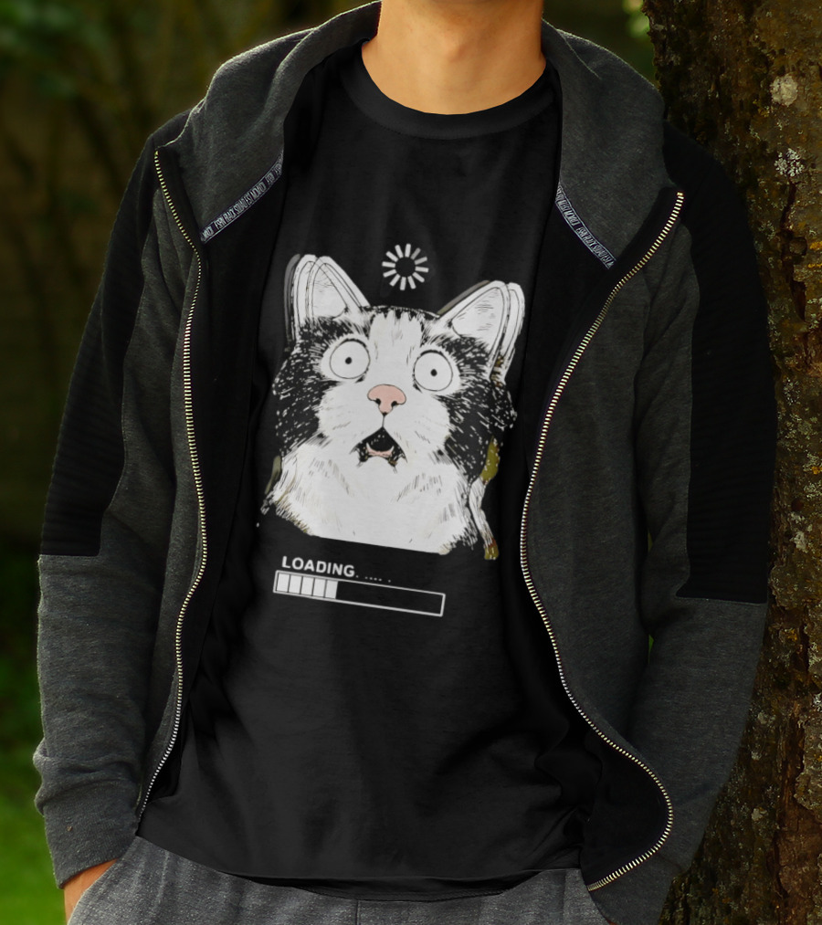 Startled Tuxedo Cat Staring Wide Eyed Beside Loading Progress Bar Meme T-Shirt