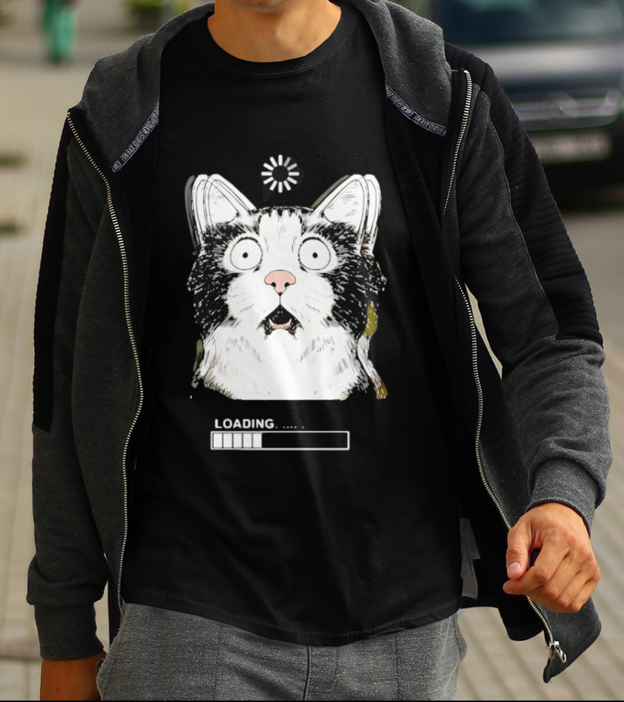 Startled Tuxedo Cat Staring Wide Eyed Beside Loading Progress Bar Meme T-Shirt