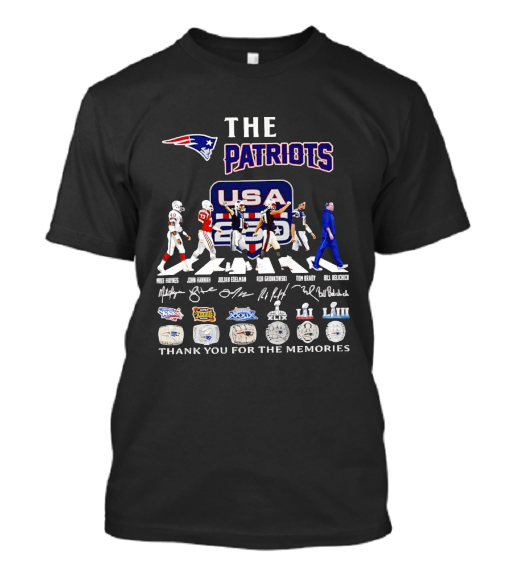 The Patriots USA 250 Thank You For The Memories With Player Signatures And Super Bowl Logos T-Shirt