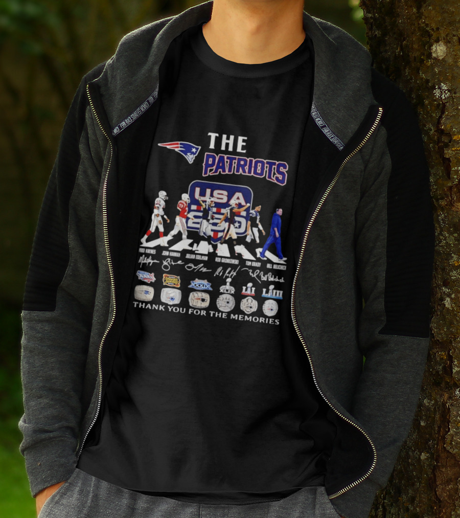 The Patriots USA 250 Thank You For The Memories With Player Signatures And Super Bowl Logos T-Shirt