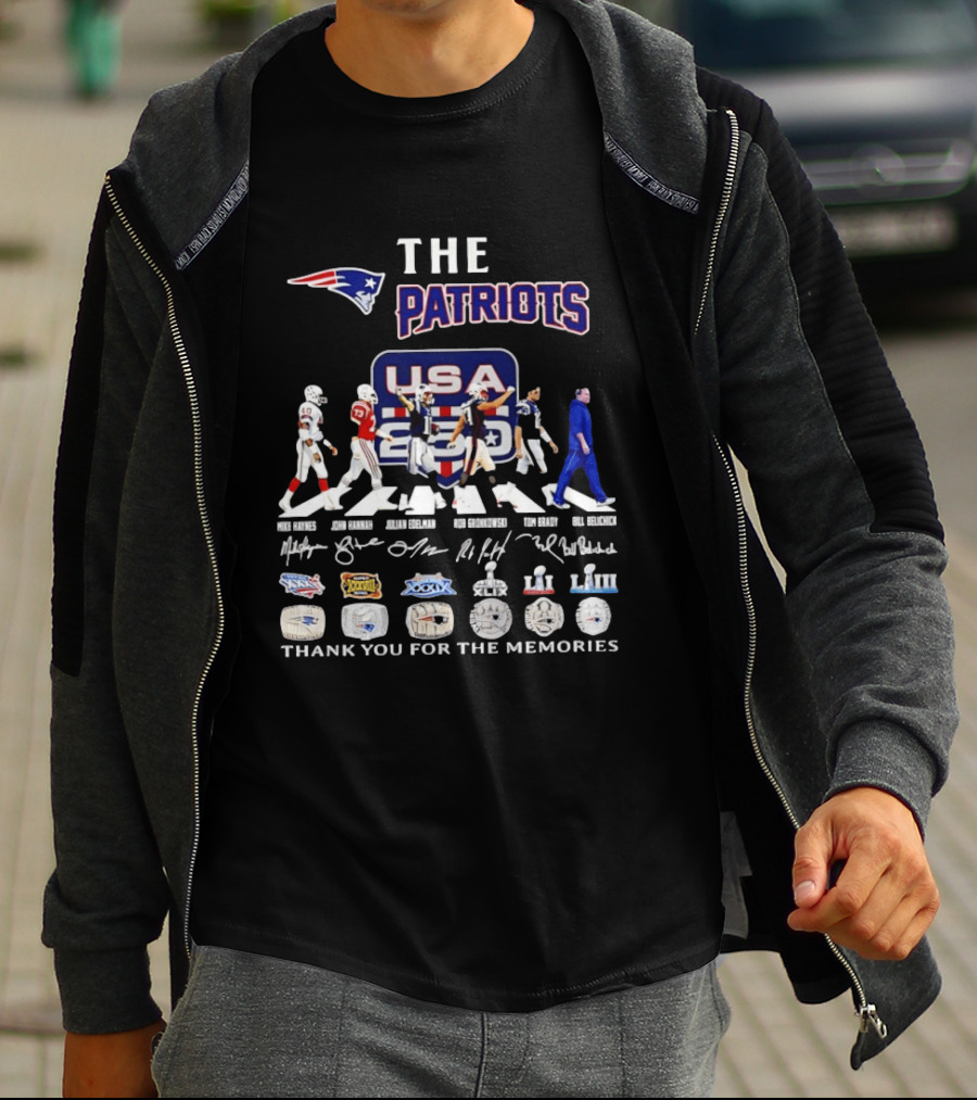 The Patriots USA 250 Thank You For The Memories With Player Signatures And Super Bowl Logos T-Shirt
