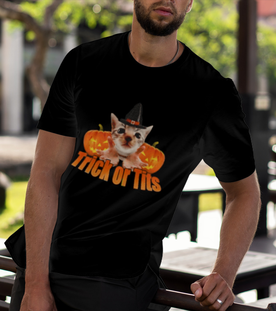 Trick Or Tits Halloween Cat Witch Pumpkin Hat T-Shirt