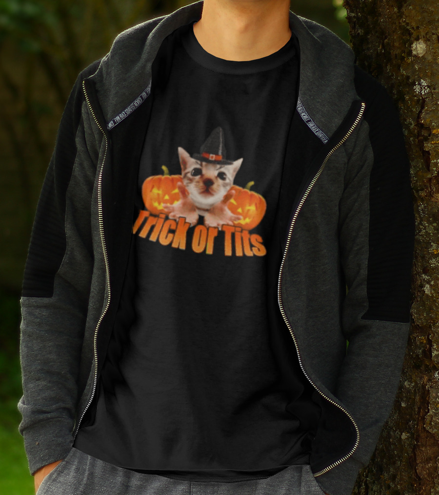 Trick Or Tits Halloween Cat Witch Pumpkin Hat T-Shirt