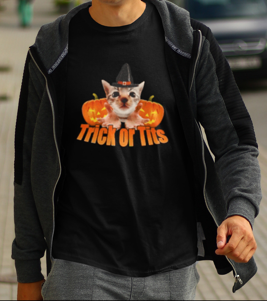 Trick Or Tits Halloween Cat Witch Pumpkin Hat T-Shirt