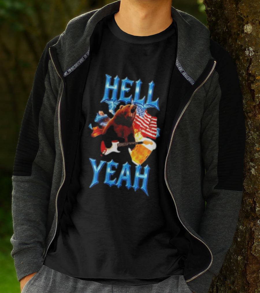 Hell Yeah Bear American Flag Guitar Beer Celebration T-Shirt