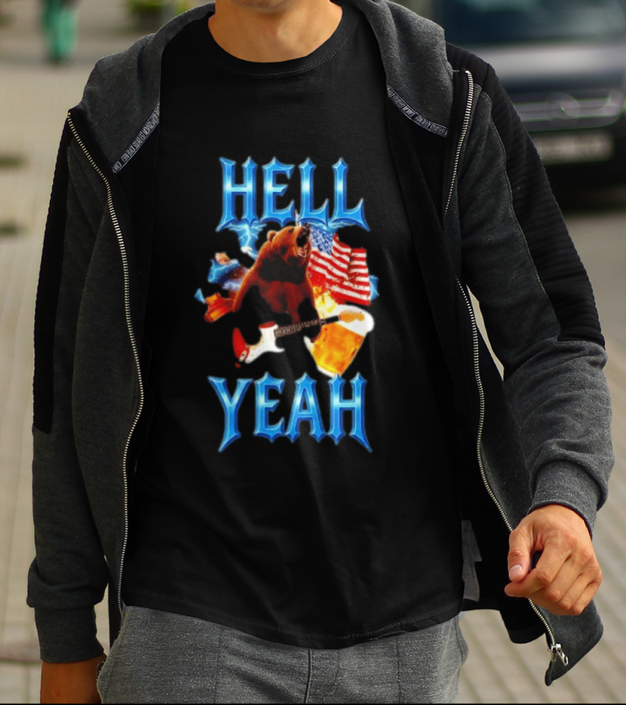 Hell Yeah Bear American Flag Guitar Beer Celebration T-Shirt