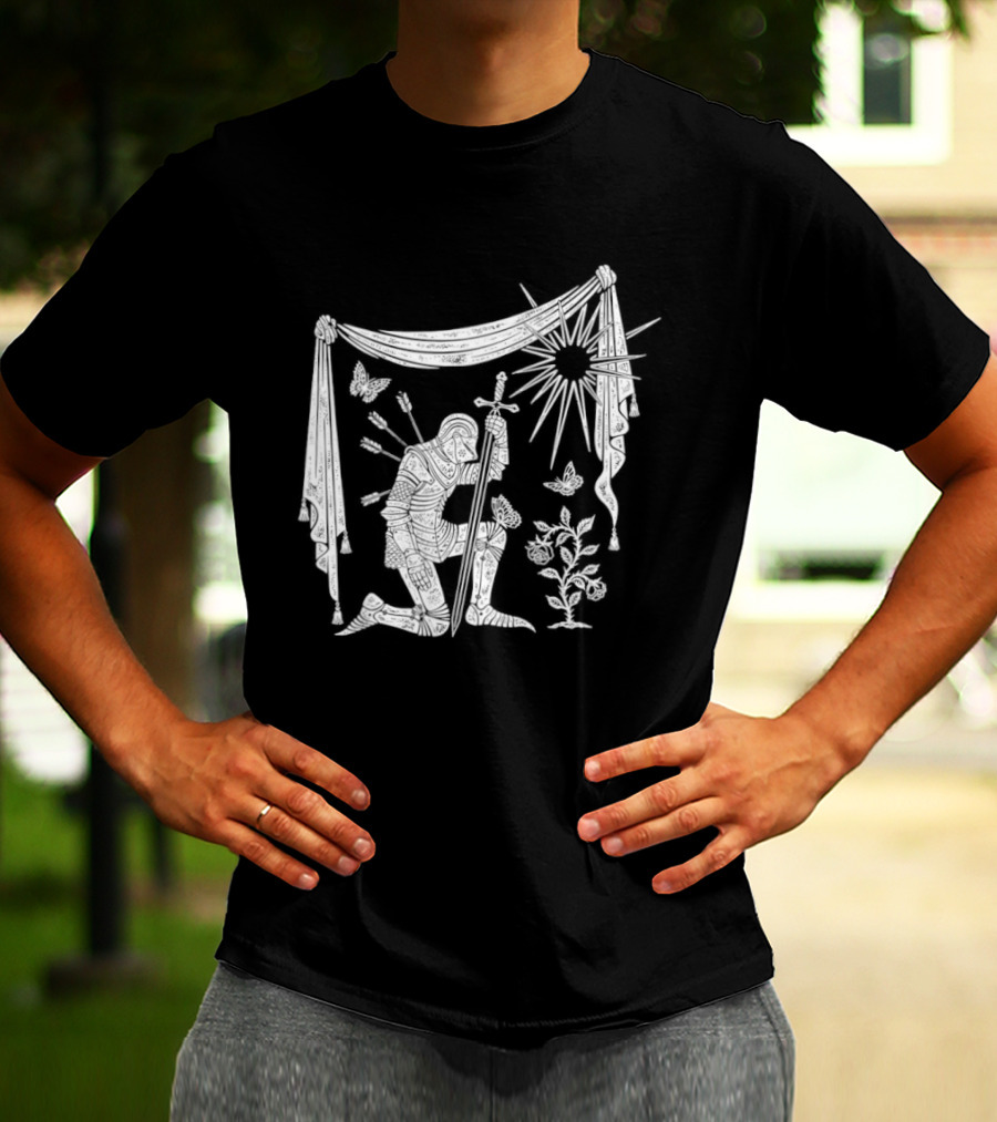 Knight Kneeling With Sword And Arrows Medieval Warrior Sun And Nature Motif T-Shirt