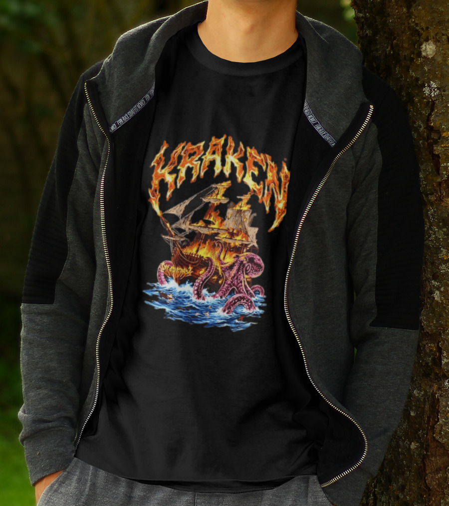 Kraken Nautical Myths Burning Ship Octopus Attack T-Shirt