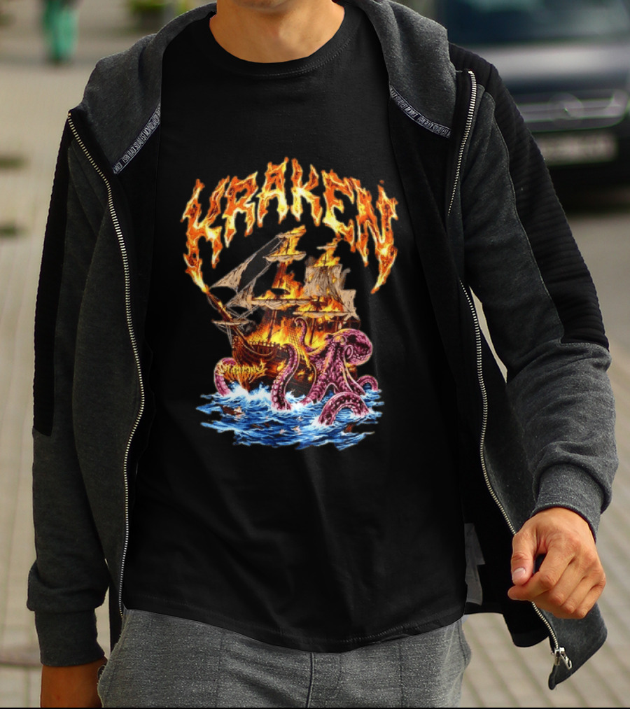 Kraken Nautical Myths Burning Ship Octopus Attack T-Shirt