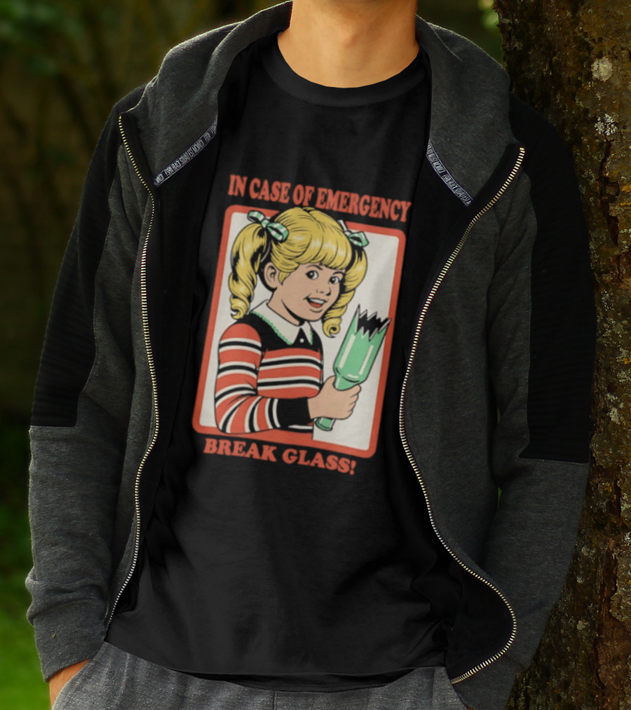 In Case Of Emergency Break Glass Blonde Girl With Striped Sweater Holding Broken Bottle T-Shirt