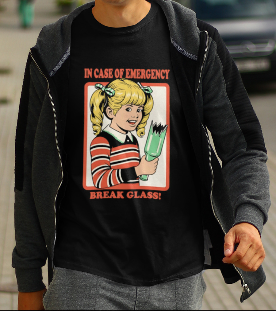 In Case Of Emergency Break Glass Blonde Girl With Striped Sweater Holding Broken Bottle T-Shirt