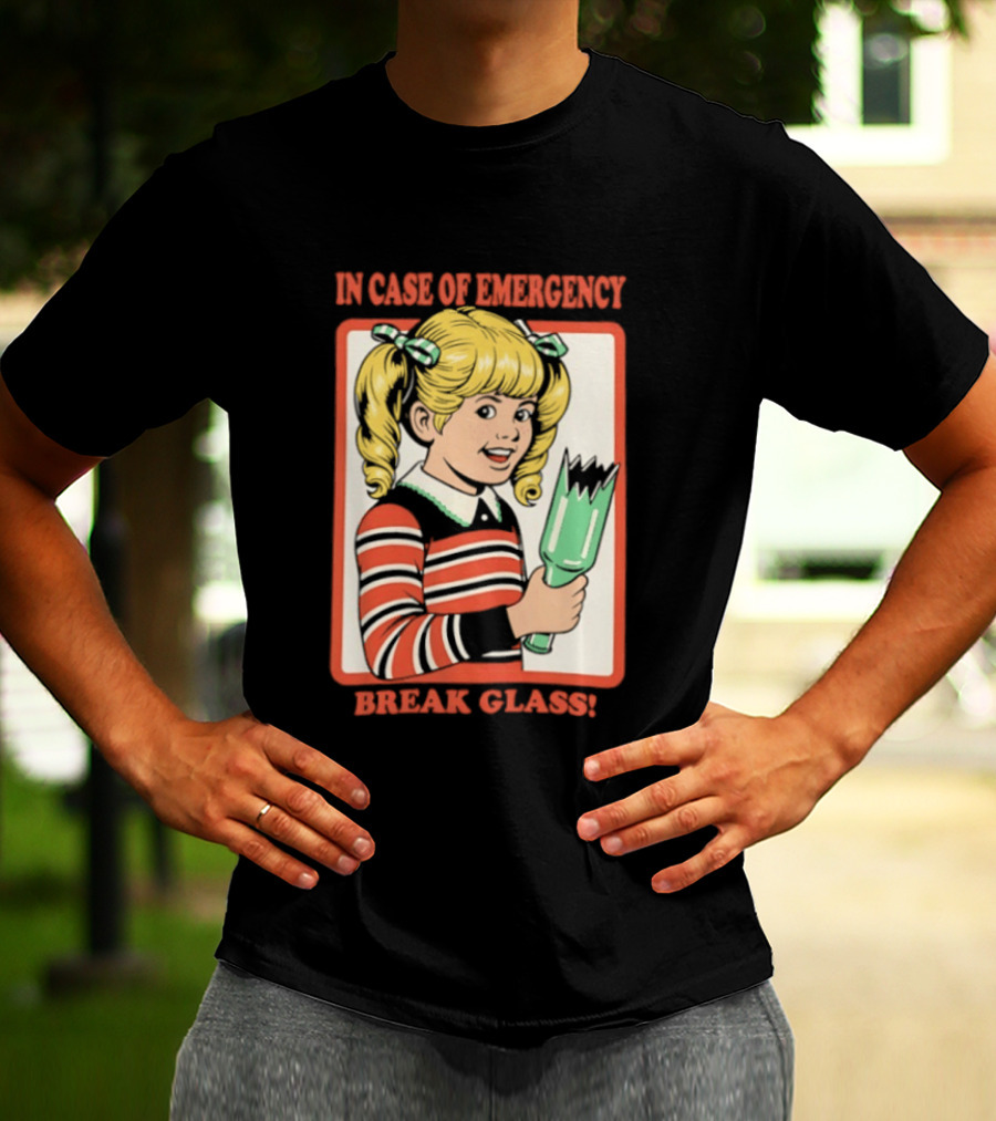 In Case Of Emergency Break Glass Blonde Girl With Striped Sweater Holding Broken Bottle T-Shirt