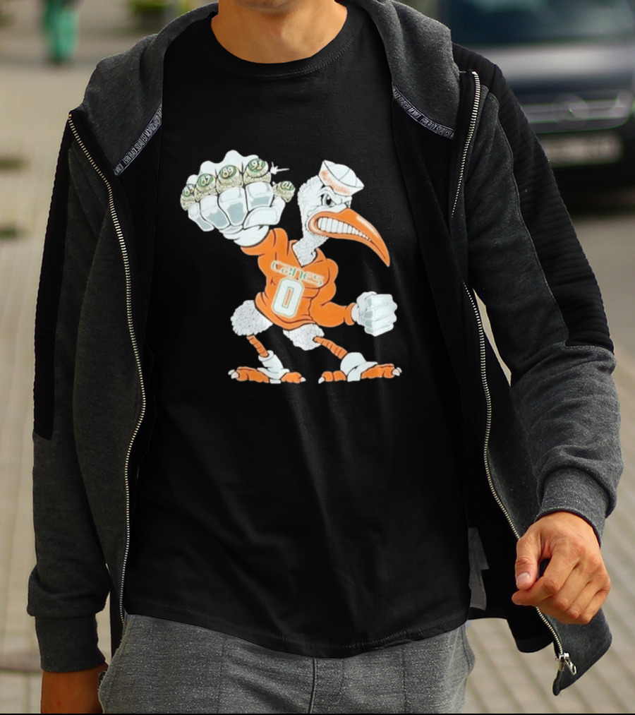 Miami Hurricanes Sebastian The Ibis 5 Rings Champs 1983 1987 1989 1991 2001 T-Shirt