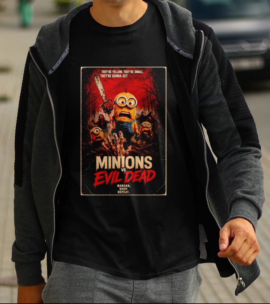 Minions Vs Evil Dead They're Yellow Small They're Gonna Get Possessed Banana Shop Repeat T-Shirt