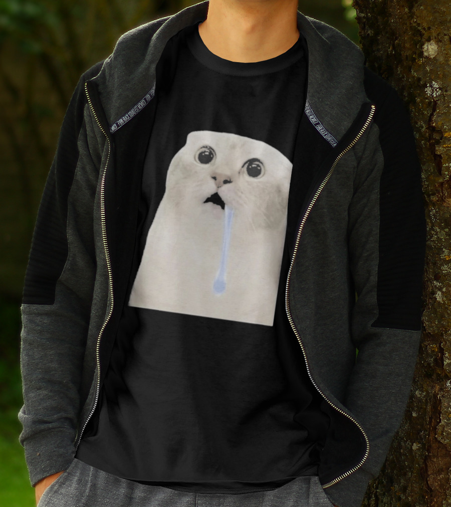 Wide Eyed Drooling Cat Meme Humor T-Shirt