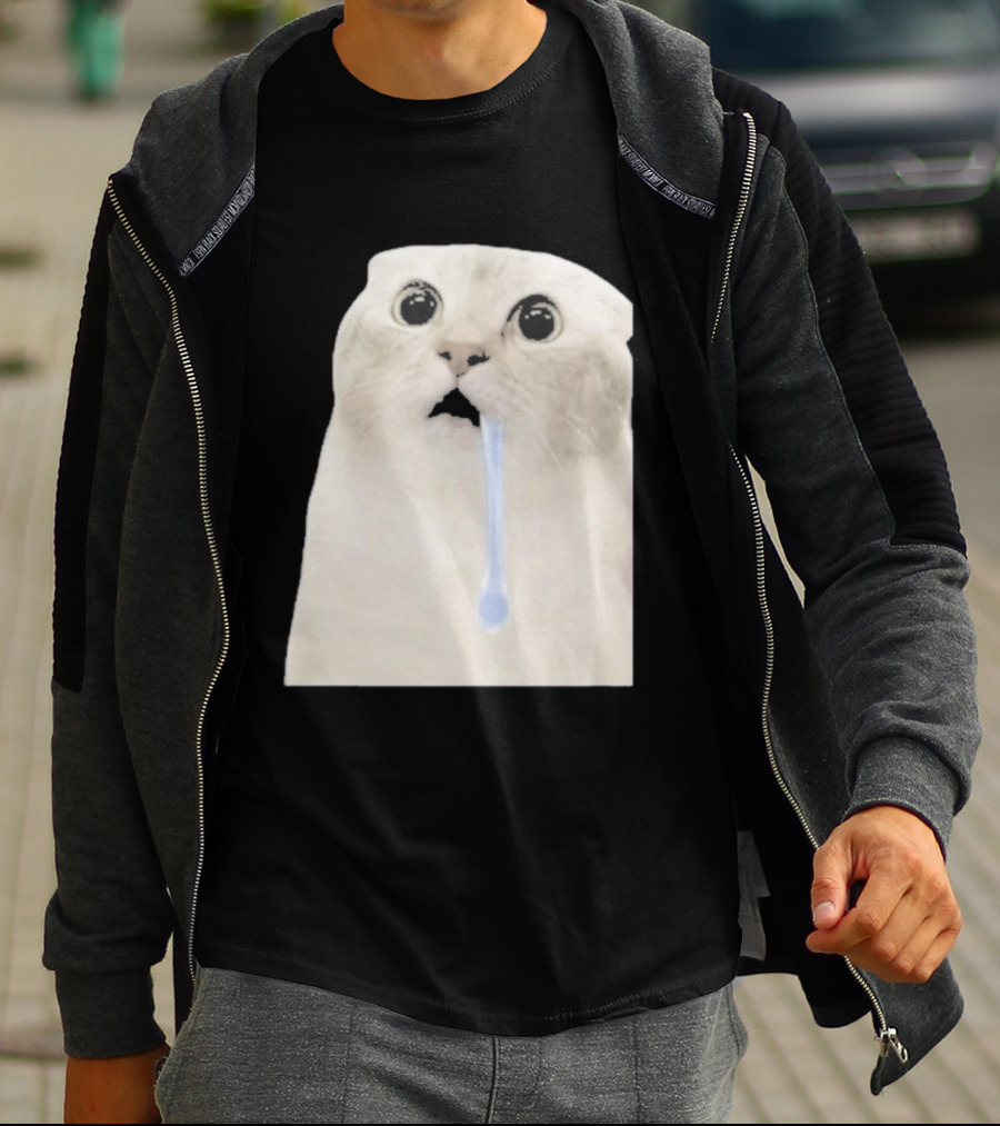 Wide Eyed Drooling Cat Meme Humor T-Shirt