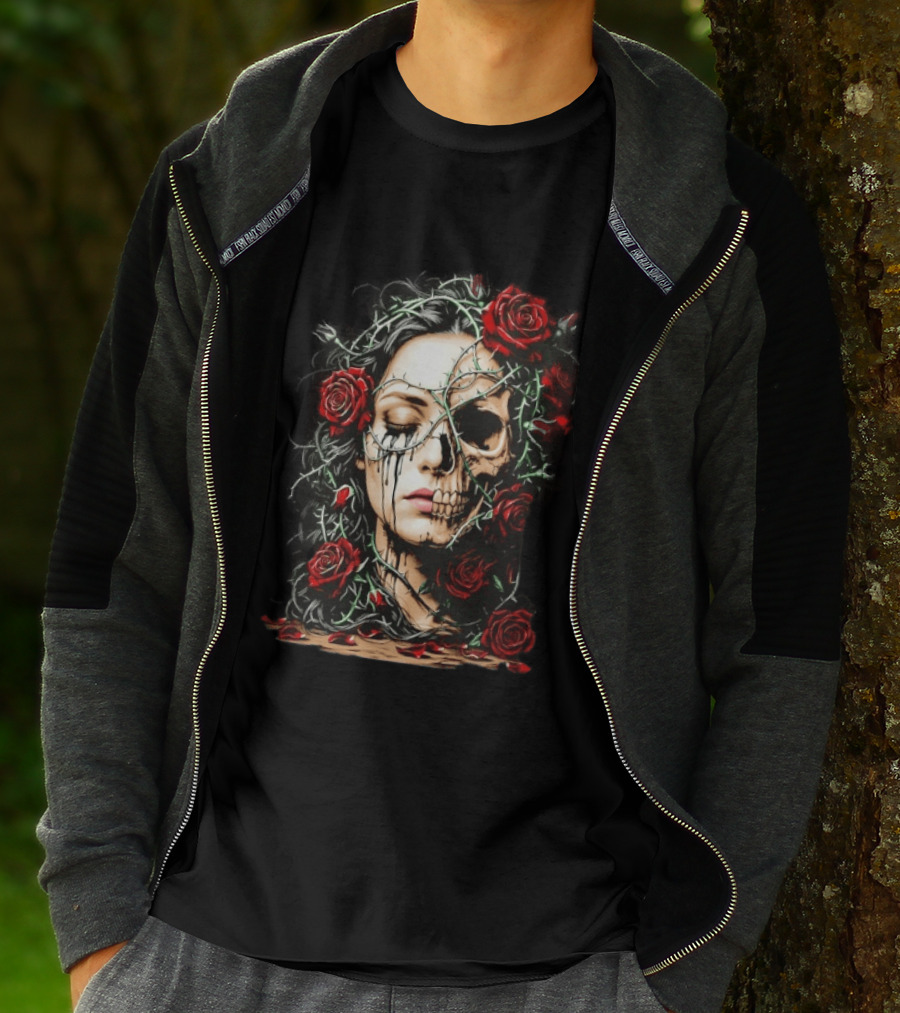 Eleventy Skull And Roses Gothic Heavy Metal Image With Thorns And Red Roses T-Shirt