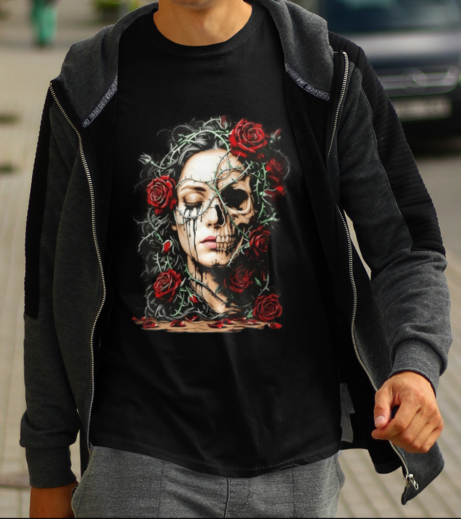 Eleventy Skull And Roses Gothic Heavy Metal Image With Thorns And Red Roses T-Shirt