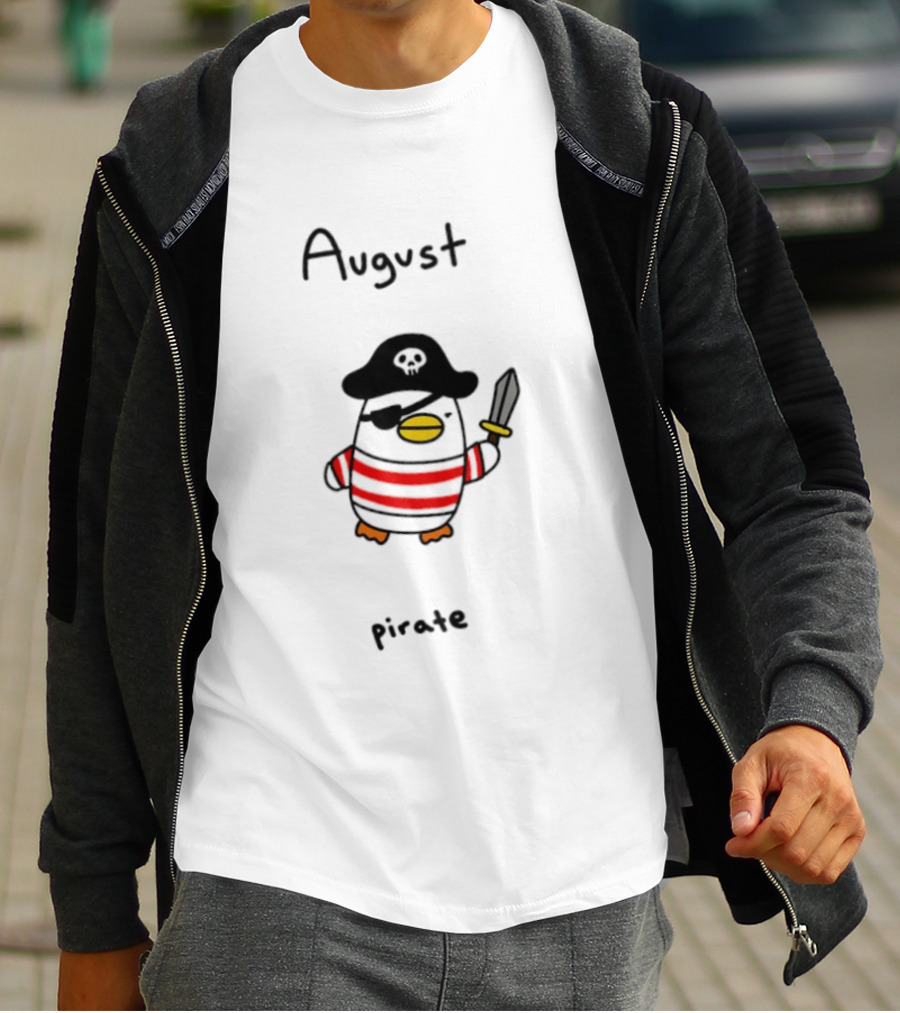 August Pirate Penguin Cartoon Striped Eyepatch Sword T-Shirt