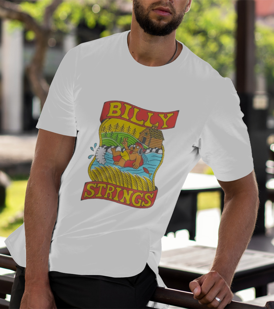 Billy Strings Tubing Bear Cabin Scene With Trees And Fish T-Shirt