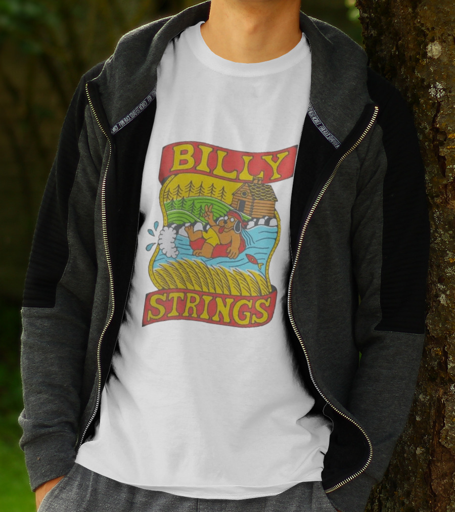 Billy Strings Tubing Bear Cabin Scene With Trees And Fish T-Shirt
