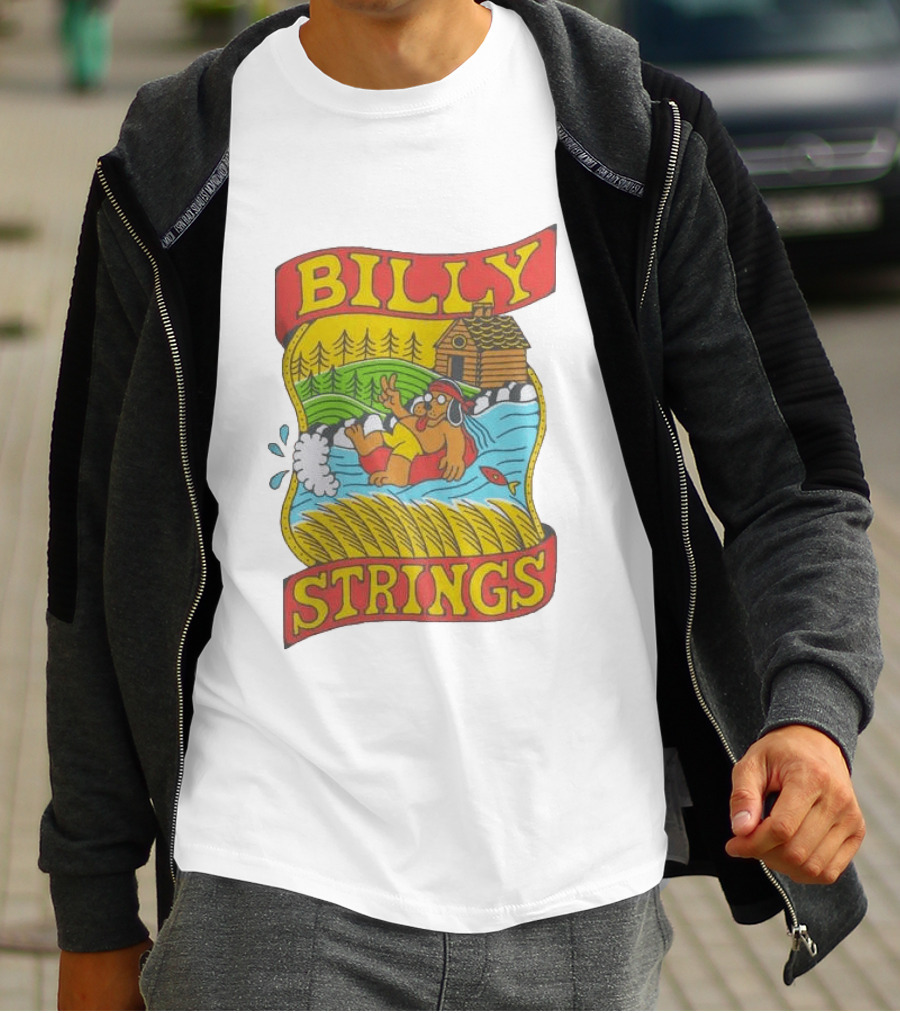 Billy Strings Tubing Bear Cabin Scene With Trees And Fish T-Shirt