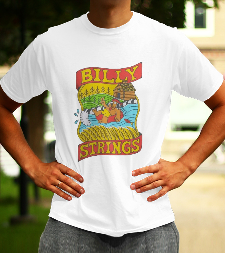 Billy Strings Tubing Bear Cabin Scene With Trees And Fish T-Shirt
