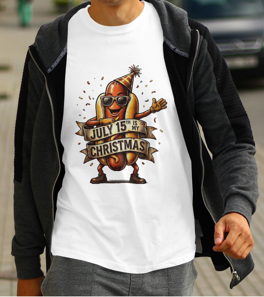 Hot Dog Wearing Sunglasses And Party Hat July 15th Is My Christmas T-Shirt