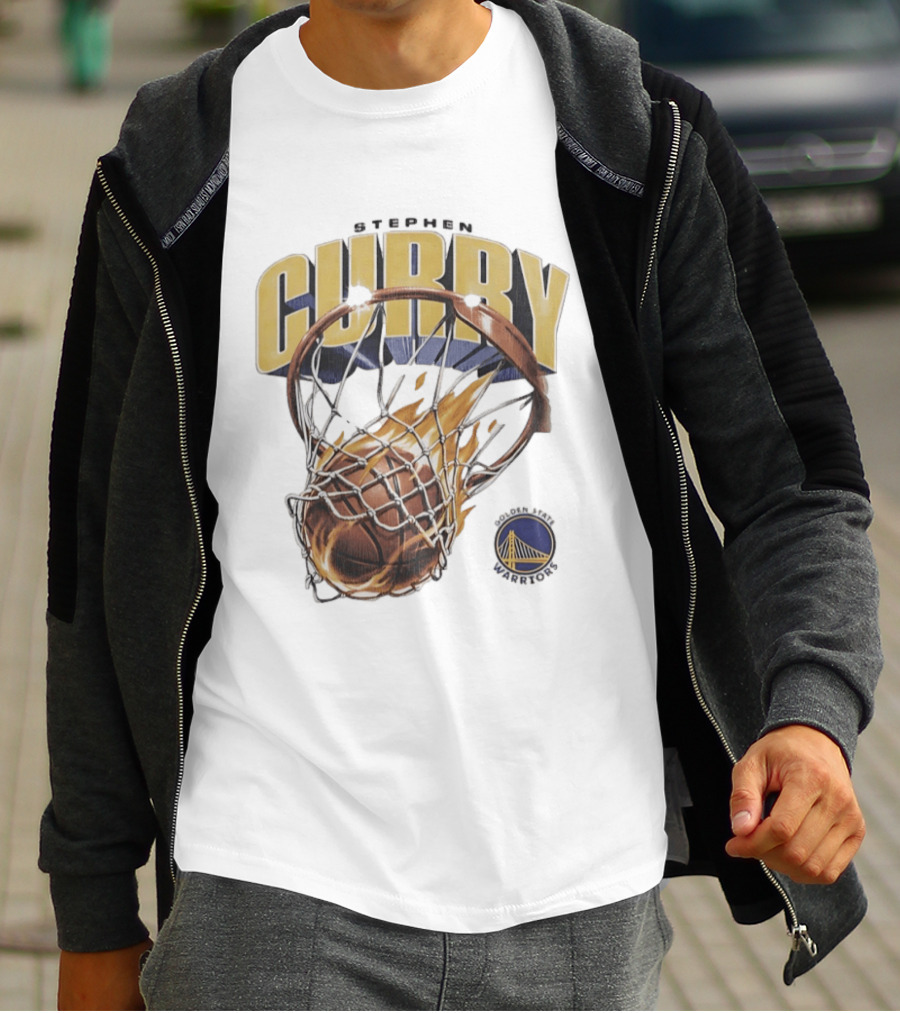 Stephen Curry Golden State Warriors Flaming Basketball Net T-Shirt
