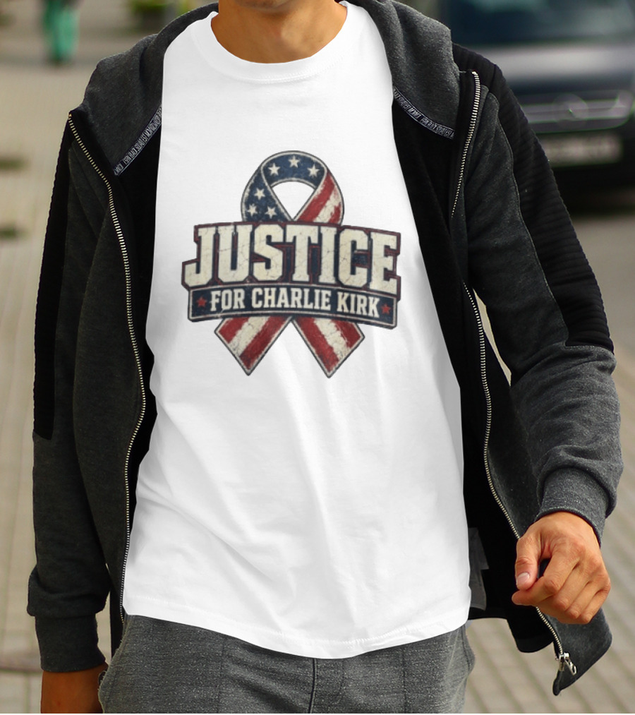 Justice For Charlie Kirk Distressed American Flag Ribbon T-Shirt