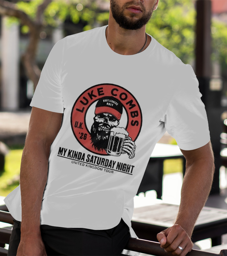 Luke Combs My Kinda Saturday Night UK Tour 2026 Pop Up Skeleton Holding Beer T-Shirt