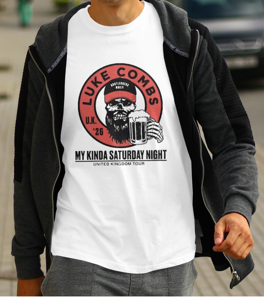 Luke Combs My Kinda Saturday Night UK Tour 2026 Pop Up Skeleton Holding Beer T-Shirt